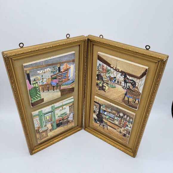 Vintage Enesco Framed Ceramic Wall Tiles Home Decor Early American Japan - Picture 11 of 11